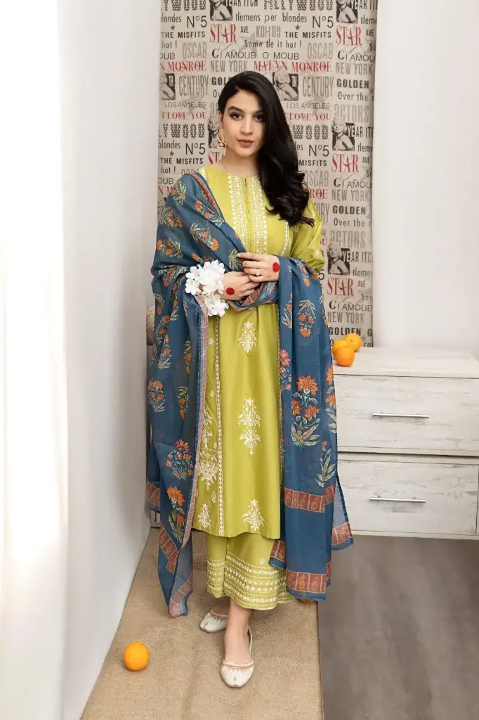 S1 632 3 PC lawn embroidered suit and printed dupatta